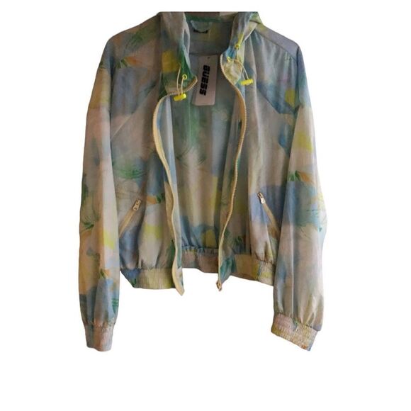 NWT GUESS Women’s Windbreaker Jacket Abstract Flowers Yellow Front Zipper Size S - Picture 3 of 6